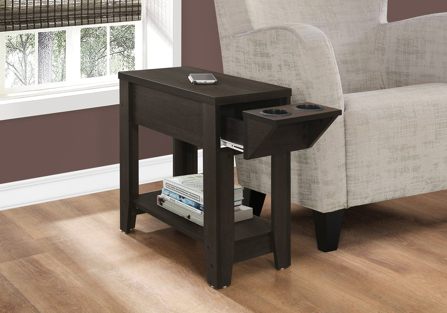 Cappuccino Finish Side  Accent Table With Adjustable Cup Holder Drawer And Bottom Shelf