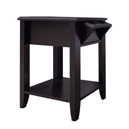 Cappuccino Finish Side  Accent Table With Adjustable Cup Holder Drawer And Bottom Shelf