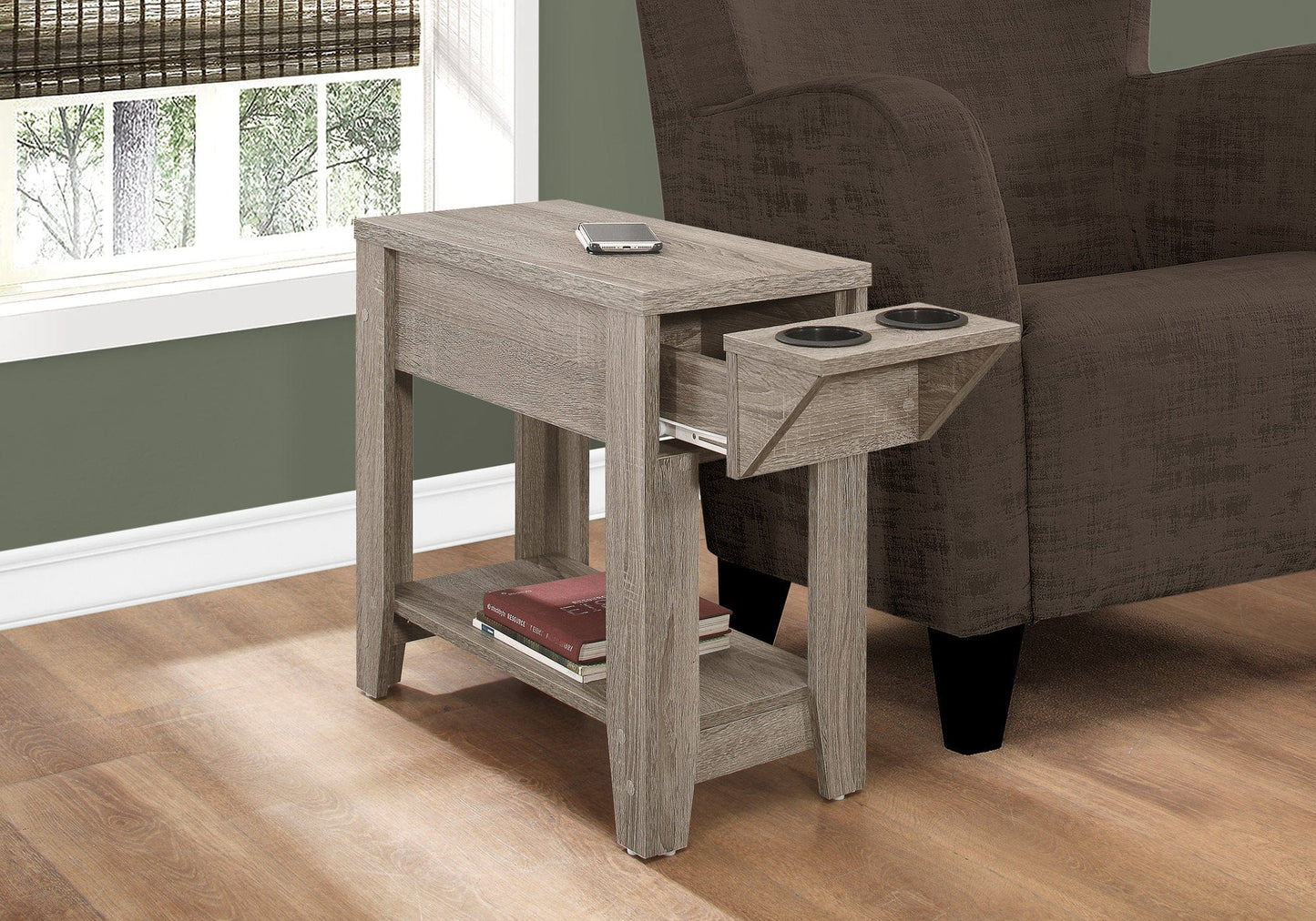 Cappuccino Finish Side  Accent Table With Adjustable Cup Holder Drawer And Bottom Shelf