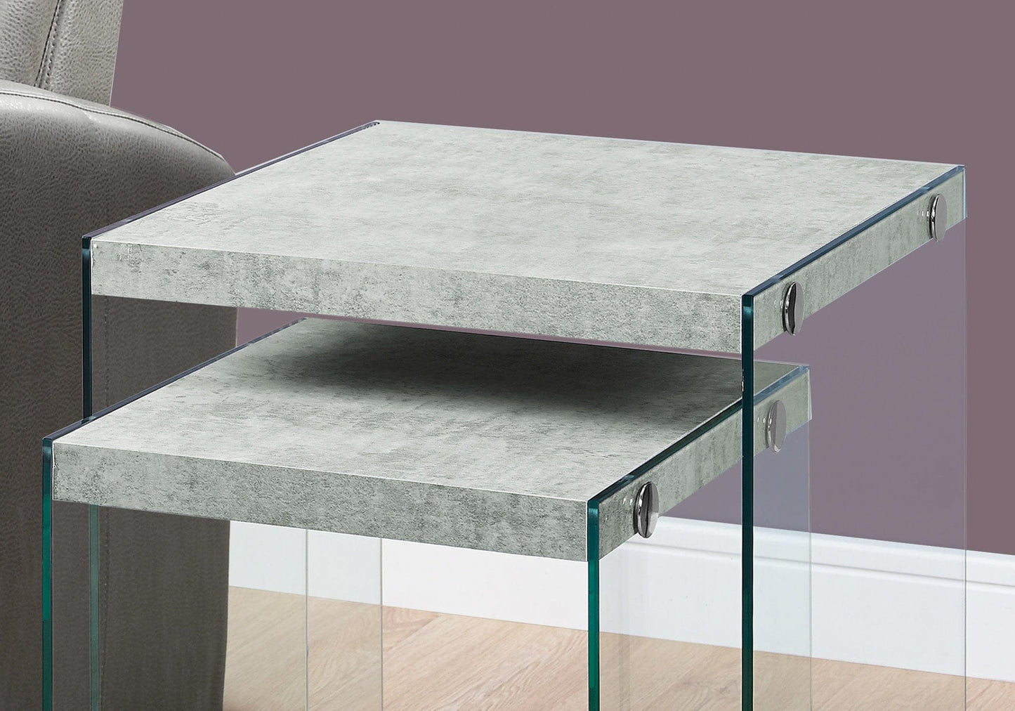 35.5" X 35.5" X 35.5" Dark Taupe Clear Particle Board Tempered Glass  2Pcs Nesting Table Set