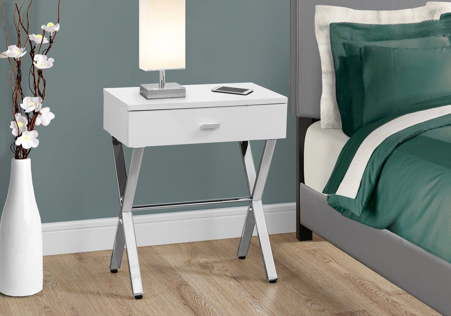 12" X 18.25" X 22.25" White Finish And Chrome Metal Accent Table