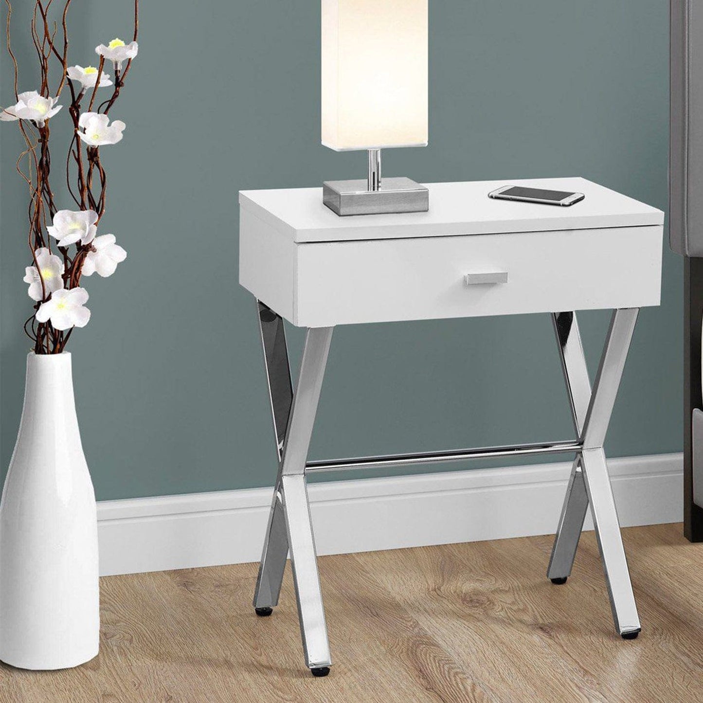 12" X 18.25" X 22.25" White Finish And Chrome Metal Accent Table