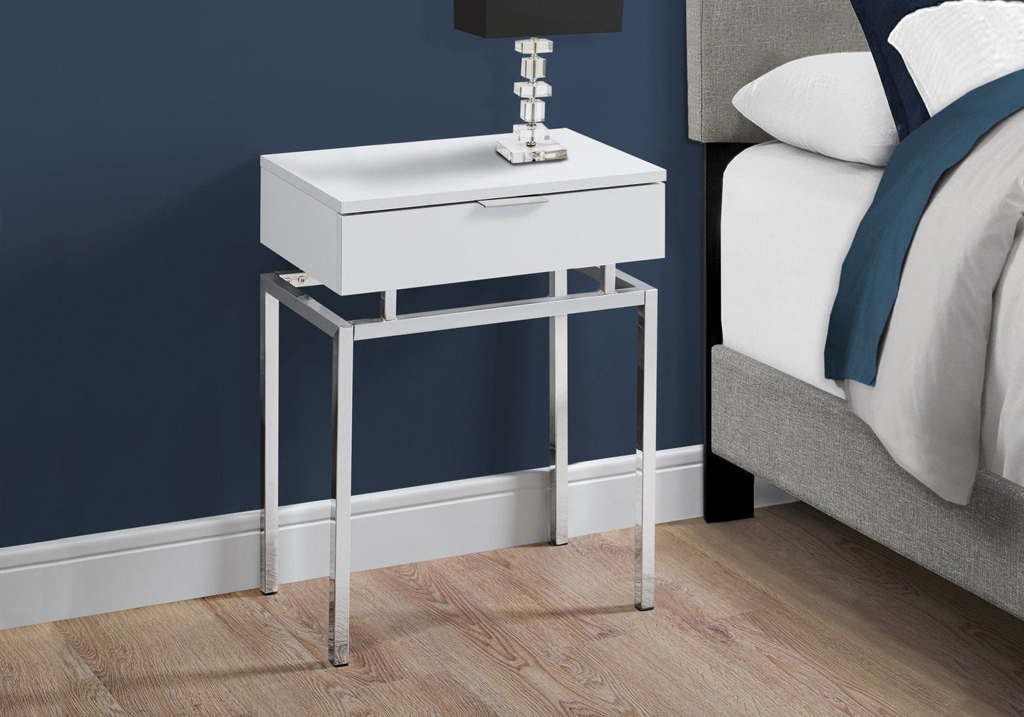 12.75" X 18.25" X 23" Glossy White Chrome Metal  Accent Table