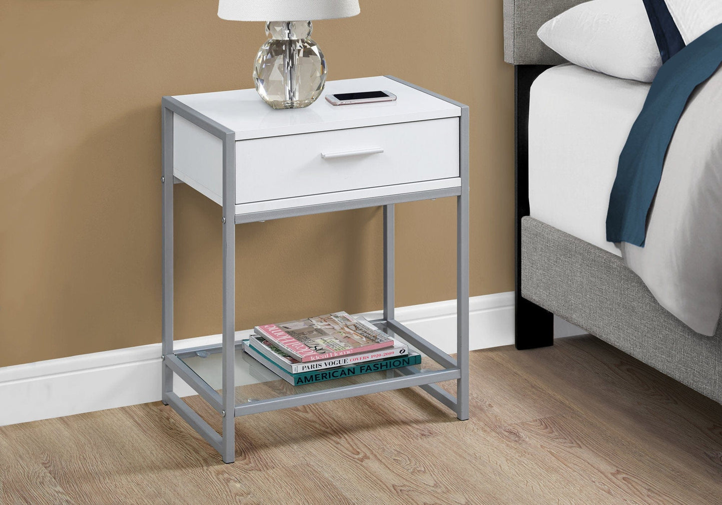 12" X 18" X 22" Grey With Black Metal  Tempered Glass  Accent Table
