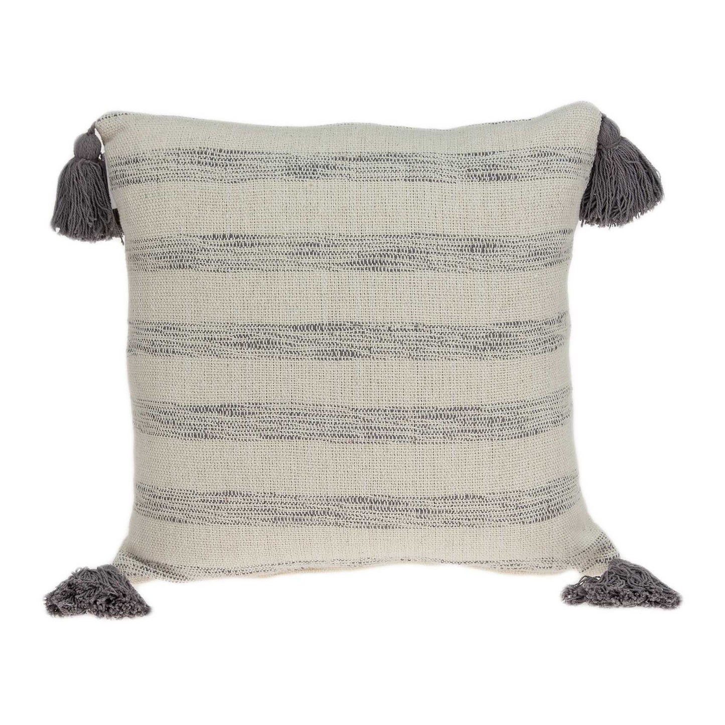 100% Cotton Beige And Light Grey Striped Pillow Cover With Tassels