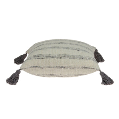 100% Cotton Beige And Light Grey Striped Pillow Cover With Tassels