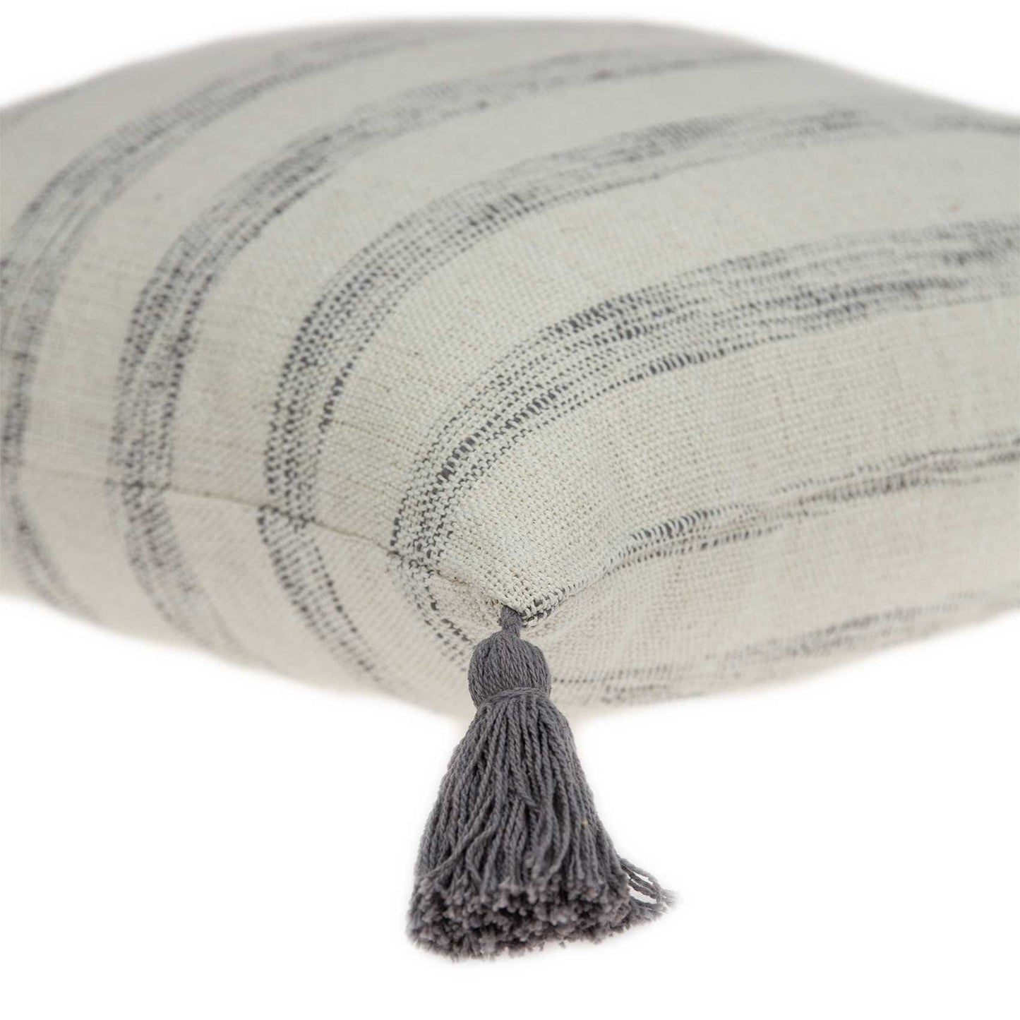 100% Cotton Beige And Light Grey Striped Pillow Cover With Tassels