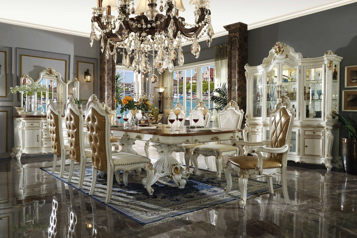 27" X 28" X 48" Faux Leather Antique Pearl Wood Finish Seat Side Chair Set2