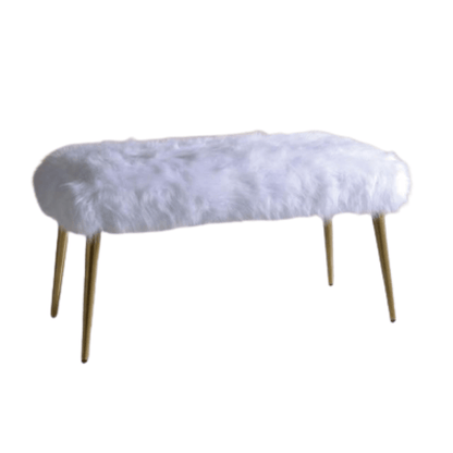 18" X 38" X 20" White Faux Fur Gold Metal Upholstered (Seat) Bench