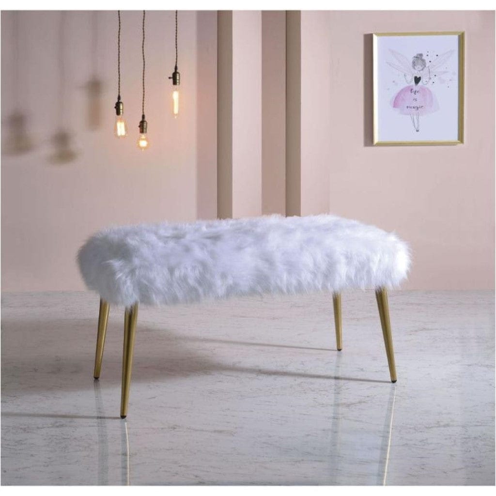 18" X 38" X 20" White Faux Fur Gold Metal Upholstered (Seat) Bench