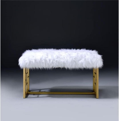 18" X 38" X 20" White Faux Fur Gold Metal Upholstered (Seat) Bench