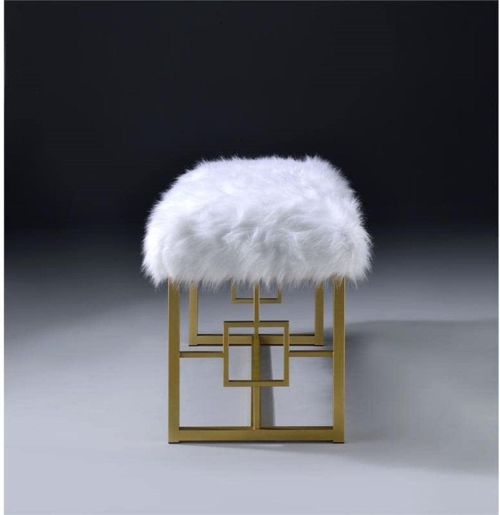 18" X 38" X 20" White Faux Fur Gold Metal Upholstered (Seat) Bench