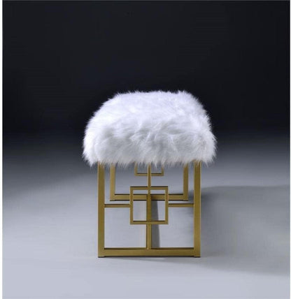 18" X 38" X 20" White Faux Fur Gold Metal Upholstered (Seat) Bench