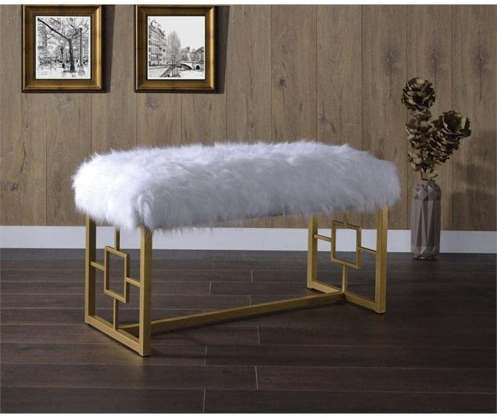 18" X 38" X 20" White Faux Fur Gold Metal Upholstered (Seat) Bench