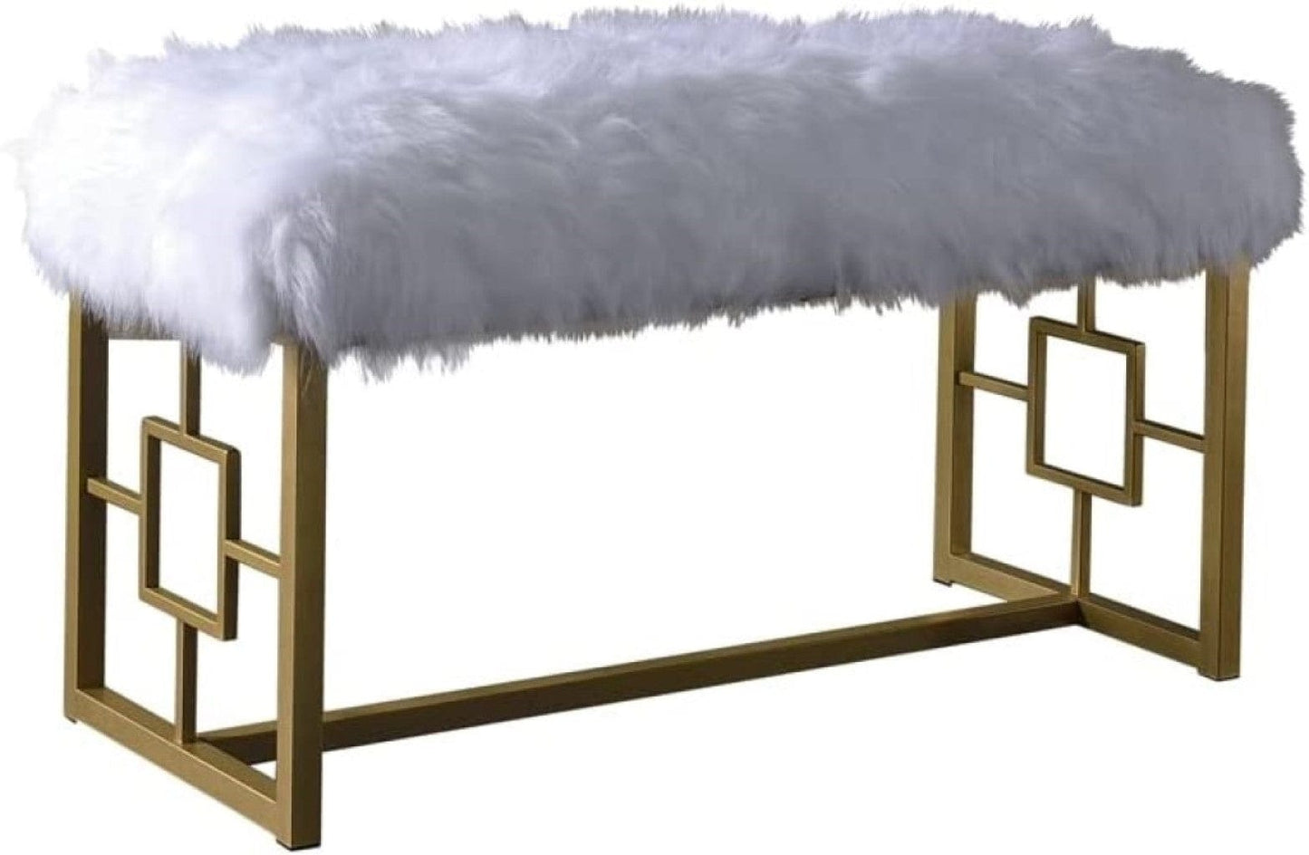 18" X 38" X 20" White Faux Fur Gold Metal Upholstered (Seat) Bench