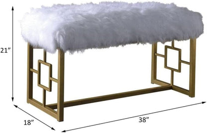 18" X 38" X 20" White Faux Fur Gold Metal Upholstered (Seat) Bench