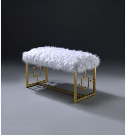 18" X 38" X 20" White Faux Fur Gold Metal Upholstered (Seat) Bench