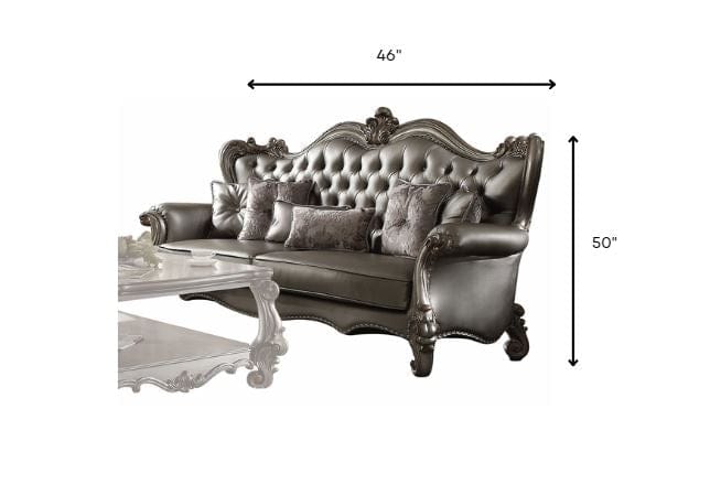 46" X 93" X 50" Silver Pu Antique Platinum Upholstery Poly Resin Sofa W6 Pillows