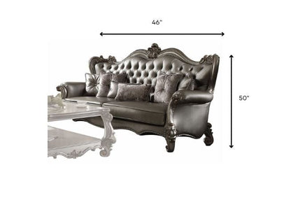46" X 93" X 50" Silver Pu Antique Platinum Upholstery Poly Resin Sofa W6 Pillows