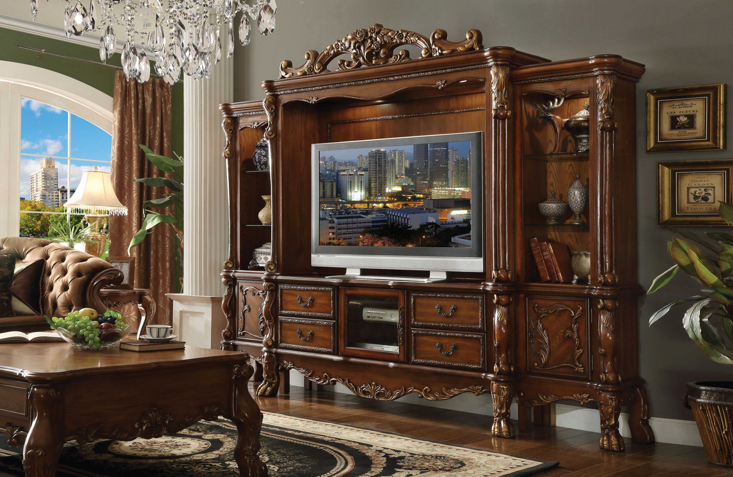 19" X 121" X 90" Cherry Oak Wood Poly Resin Glass Entertainment Center