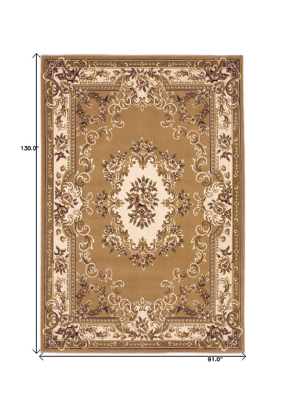 8'X11' Beige Ivory Machine Woven Hand Carved Floral Medallion Indoor Area Rug