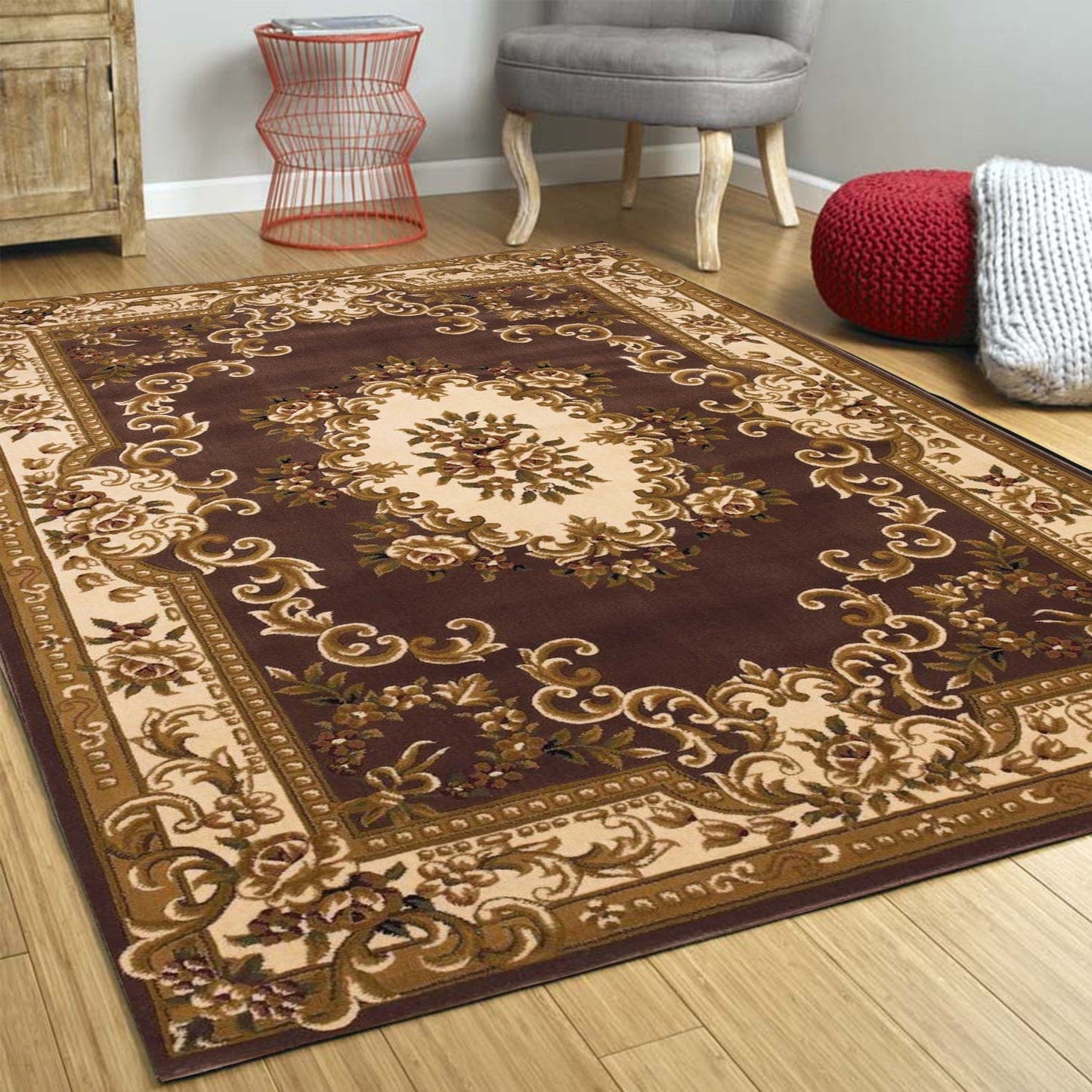 8'X11' Plum Ivory Machine Woven Hand Carved Floral Medallion Indoor Area Rug