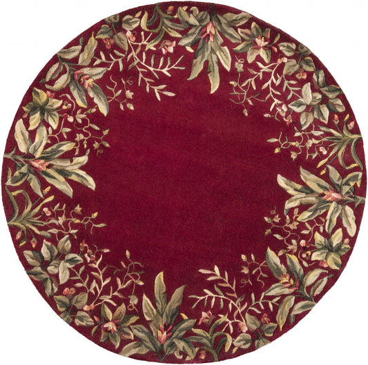 5' X 8' Ruby And Red Wool Floral Hand Tufted Area Rug