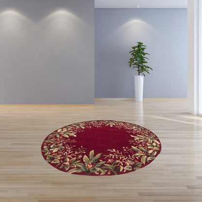 5' X 8' Ruby And Red Wool Floral Hand Tufted Area Rug