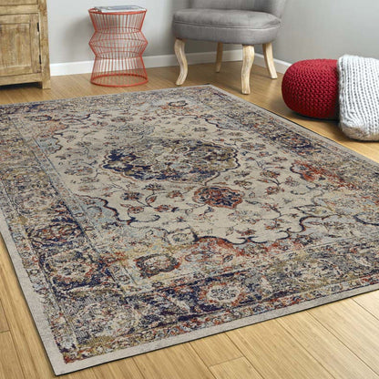 8'X11' Ivory Machine Woven Floral Medallion Indoor Area Rug