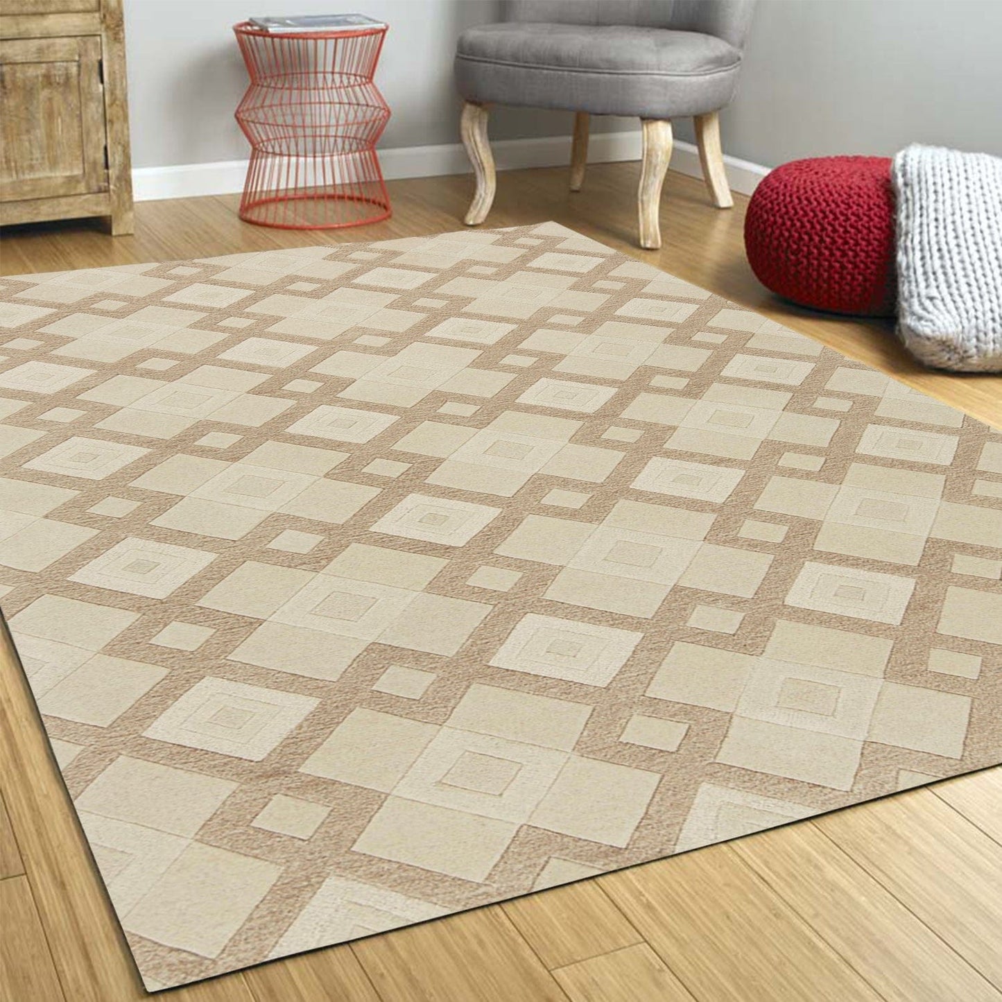 8'X11' Ivory Hand Tufted Geometric Diamond Pattern Indoor Area Rug