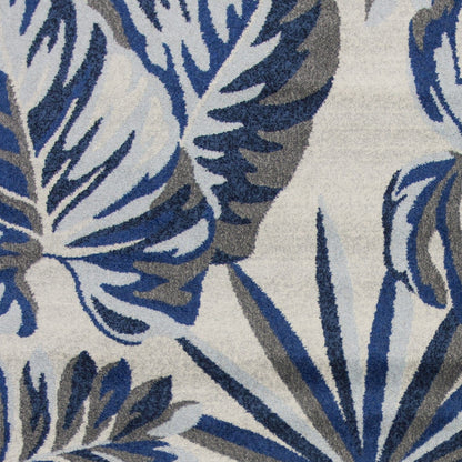 8'X11' Grey Blue Machine Woven Oversized Tropical Leaves Indoor Area Rug