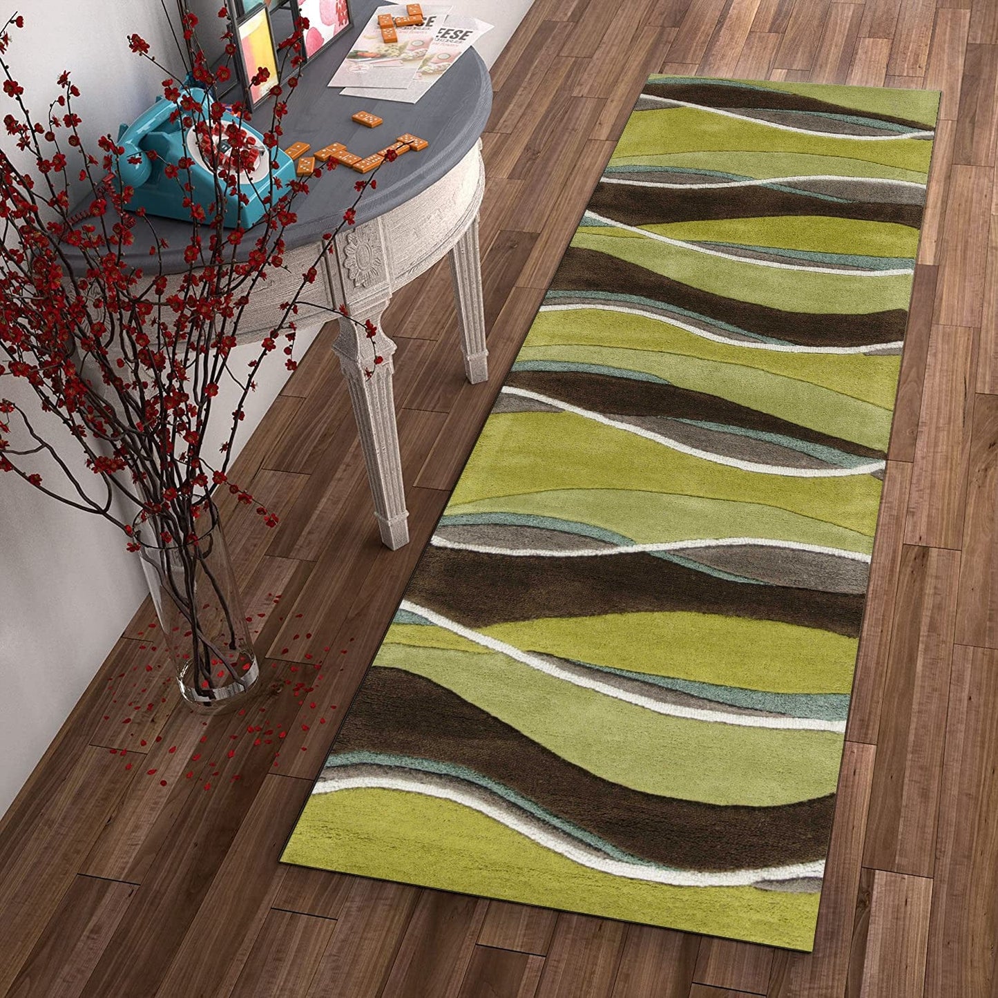 8'X11' Lime Mocha Hand Tufted Abstract Waves Indoor Area Rug