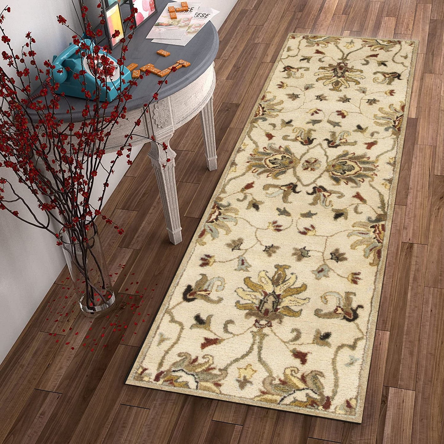 2' X 7' Champagne Floral Vine Wool Runner Rug
