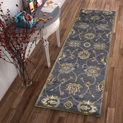 8'X11' Midnight Blue Hand Tufted Traditional Floral Indoor Area Rug