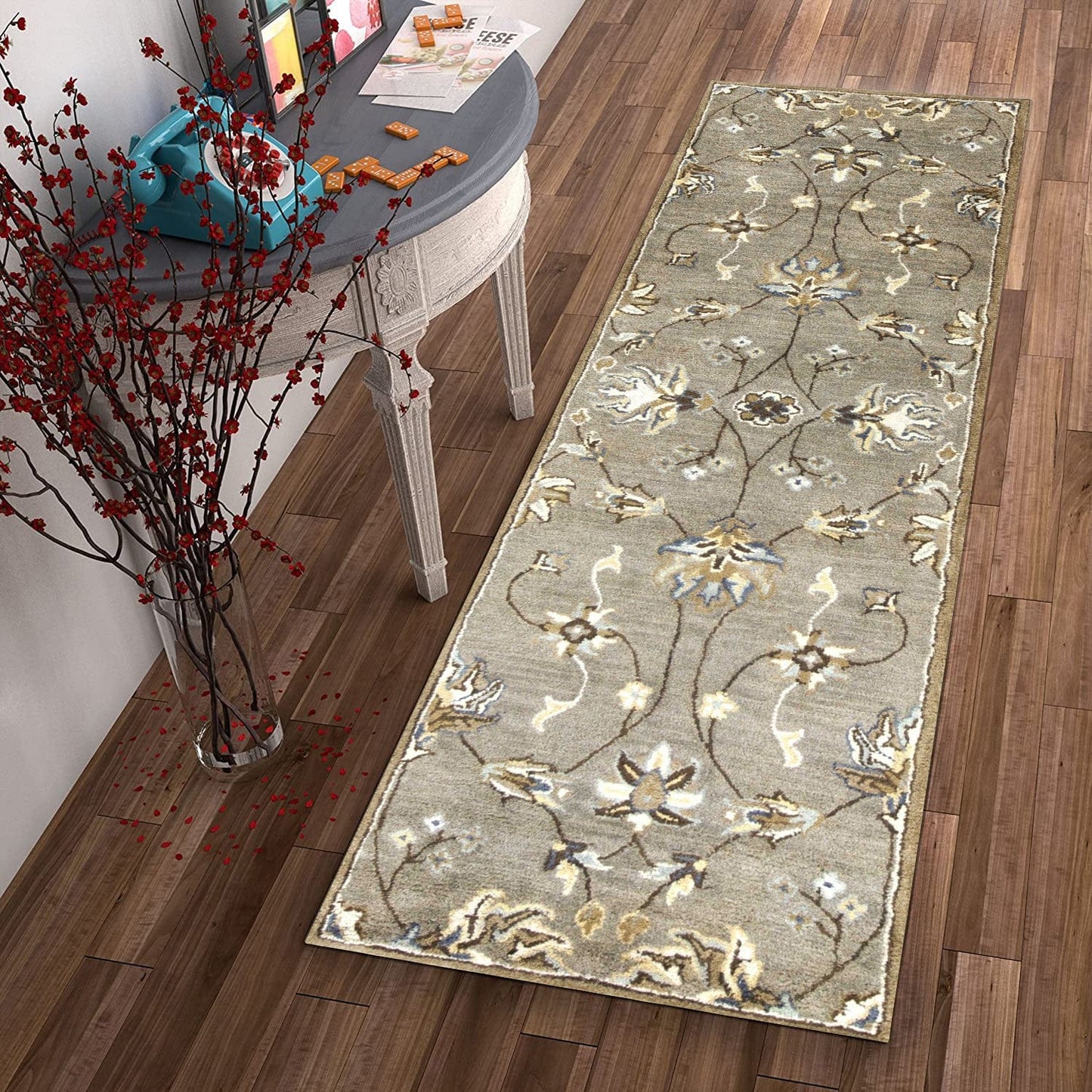 5'X8' Grey Green Hand Tufted Traditional Floral Indoor Area Rug