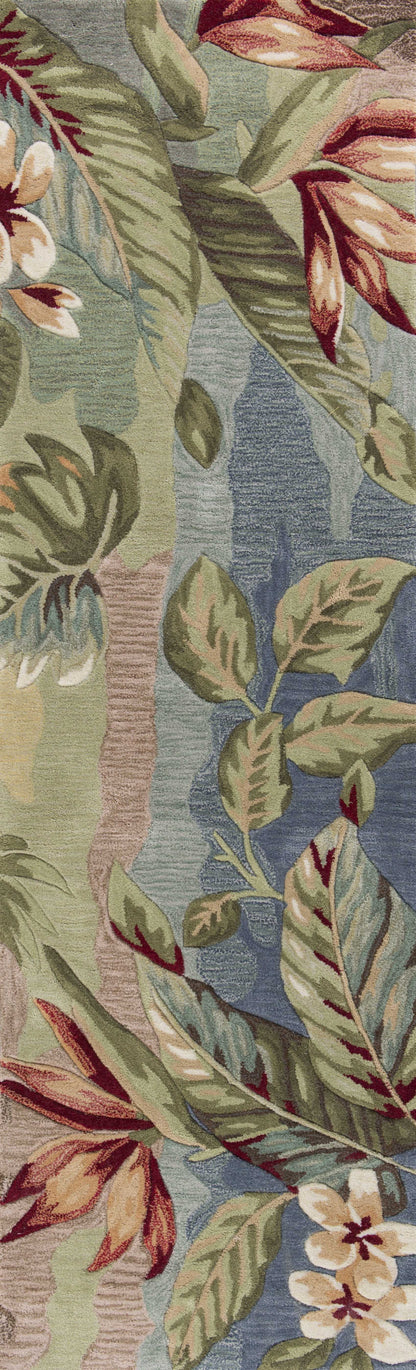 2' X 7' Blue Or Sage Tropical Leaves Rug