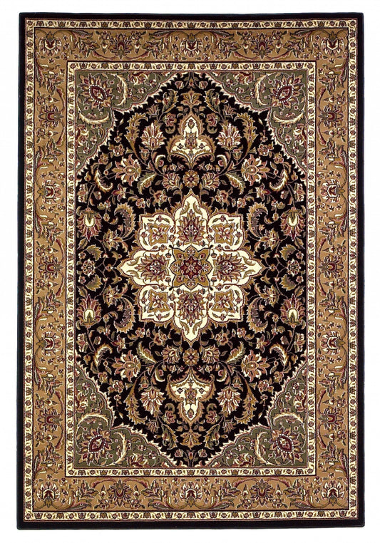 10'X13' Black Beige Machine Woven Floral Medallion Indoor Area Rug