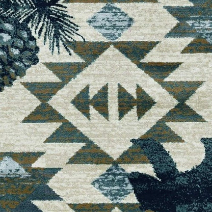 8'X10' Ivory Blue Machine Woven Geometric Lodge Indoor Area Rug