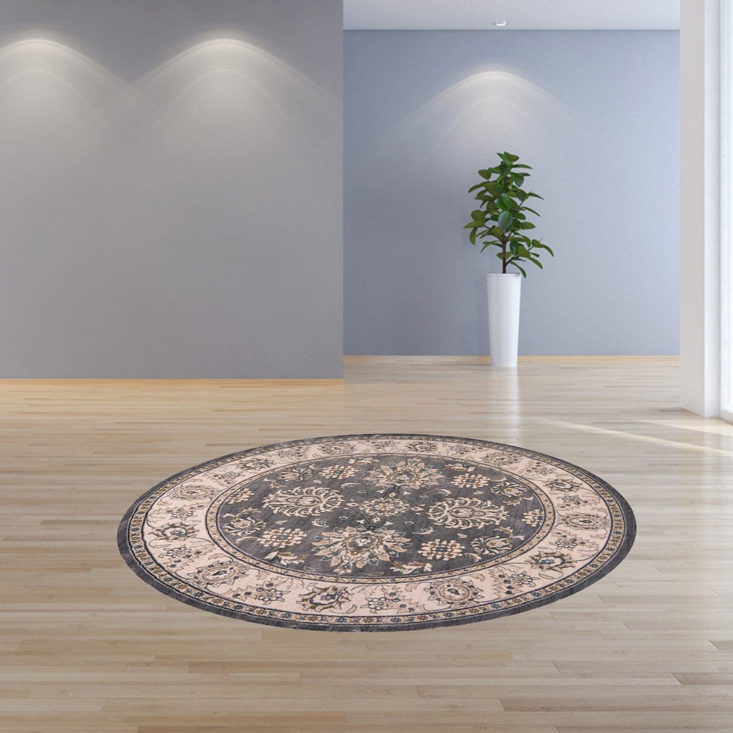 8' Grey Ivory Floral Round Indoor Area Rug