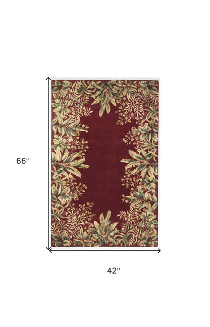5' X 8' Ruby And Red Wool Floral Hand Tufted Area Rug