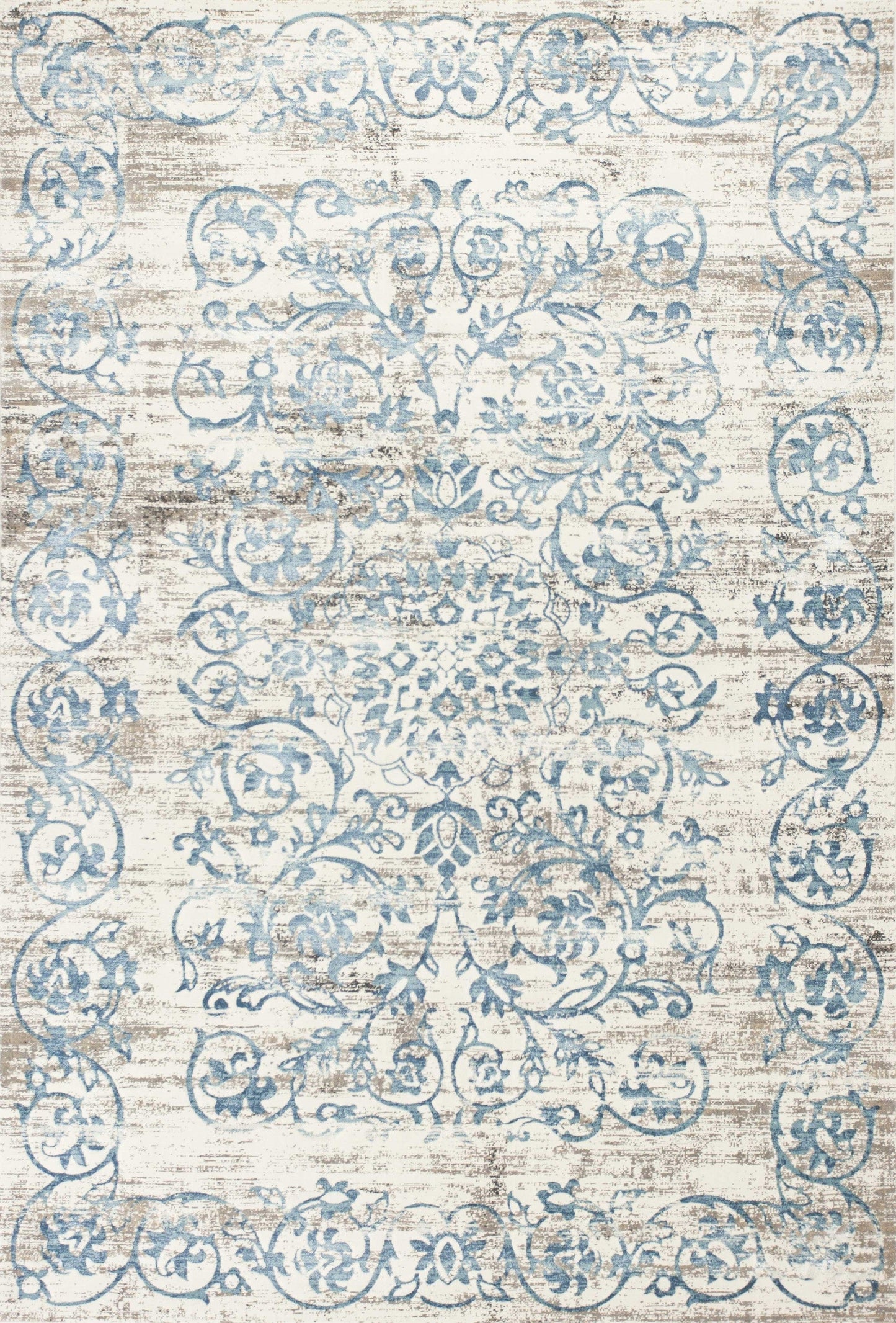 5' X 8' Ivory And Blue Floral Vines Area Rug