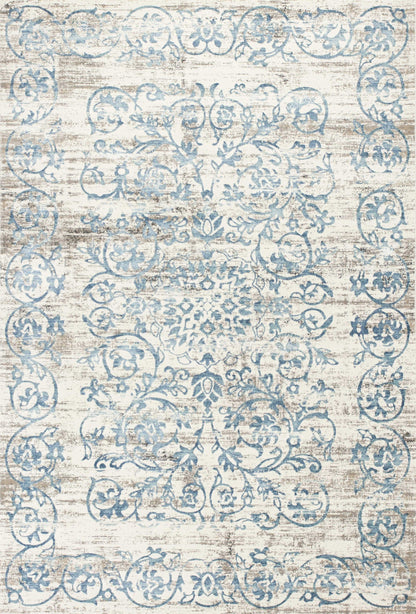5' X 8' Ivory And Blue Floral Vines Area Rug