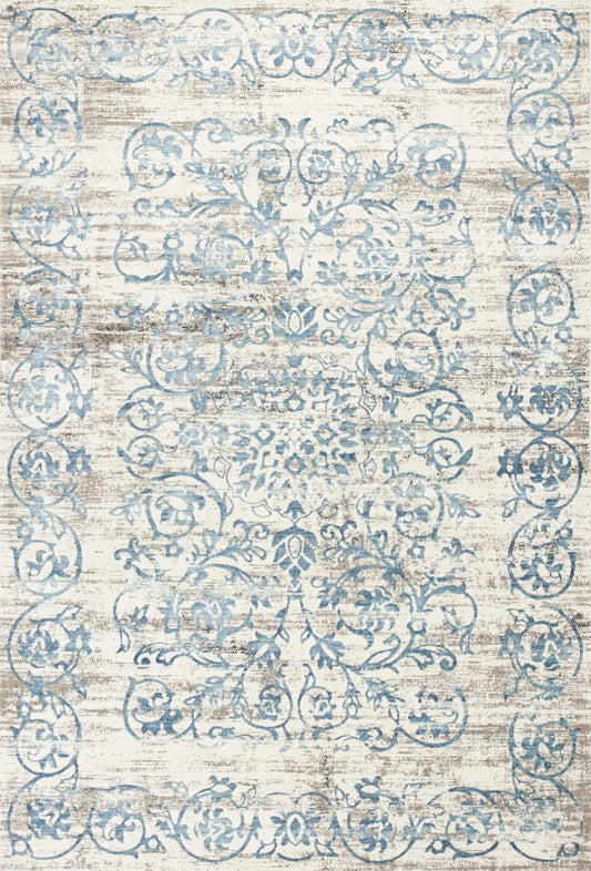 5' X 8' Ivory And Blue Floral Vines Area Rug