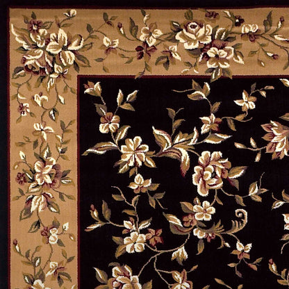 3'X5' Black Beige Machine Woven Floral Vines Indoor Area Rug