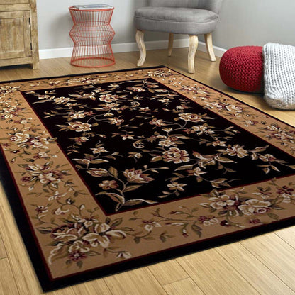 3'X5' Black Beige Machine Woven Floral Vines Indoor Area Rug