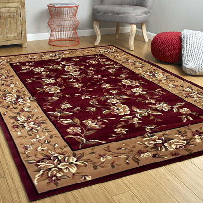 Red And Beige Octagon Floral Vines Area Rug