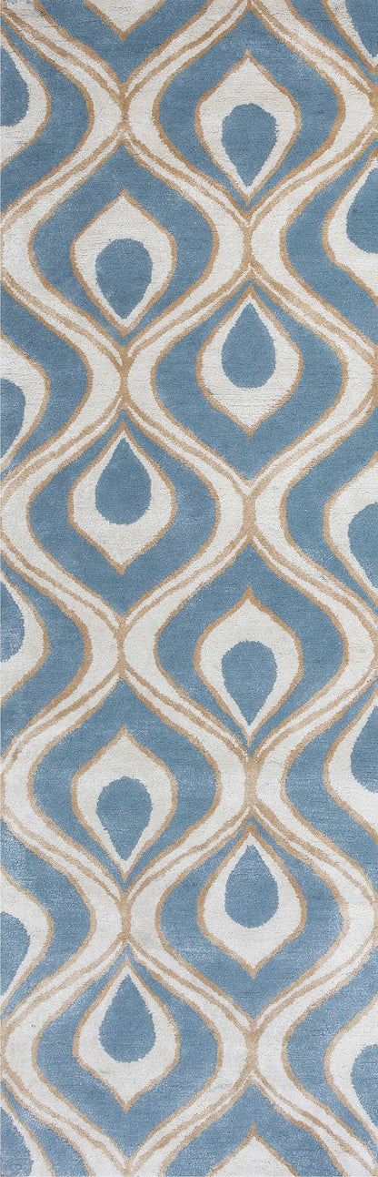 2'6 X 8' Runner Wool & Viscose Blend Blue Area Rug