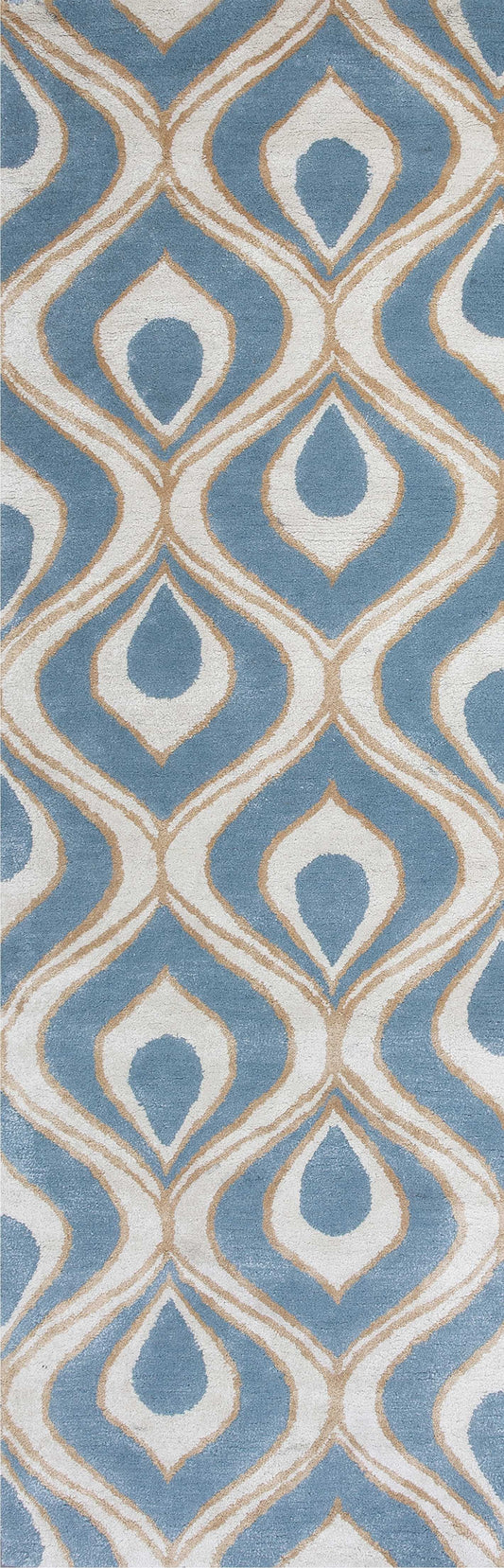 2'6 X 8' Runner Wool & Viscose Blend Blue Area Rug