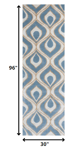 2'6 X 8' Runner Wool & Viscose Blend Blue Area Rug