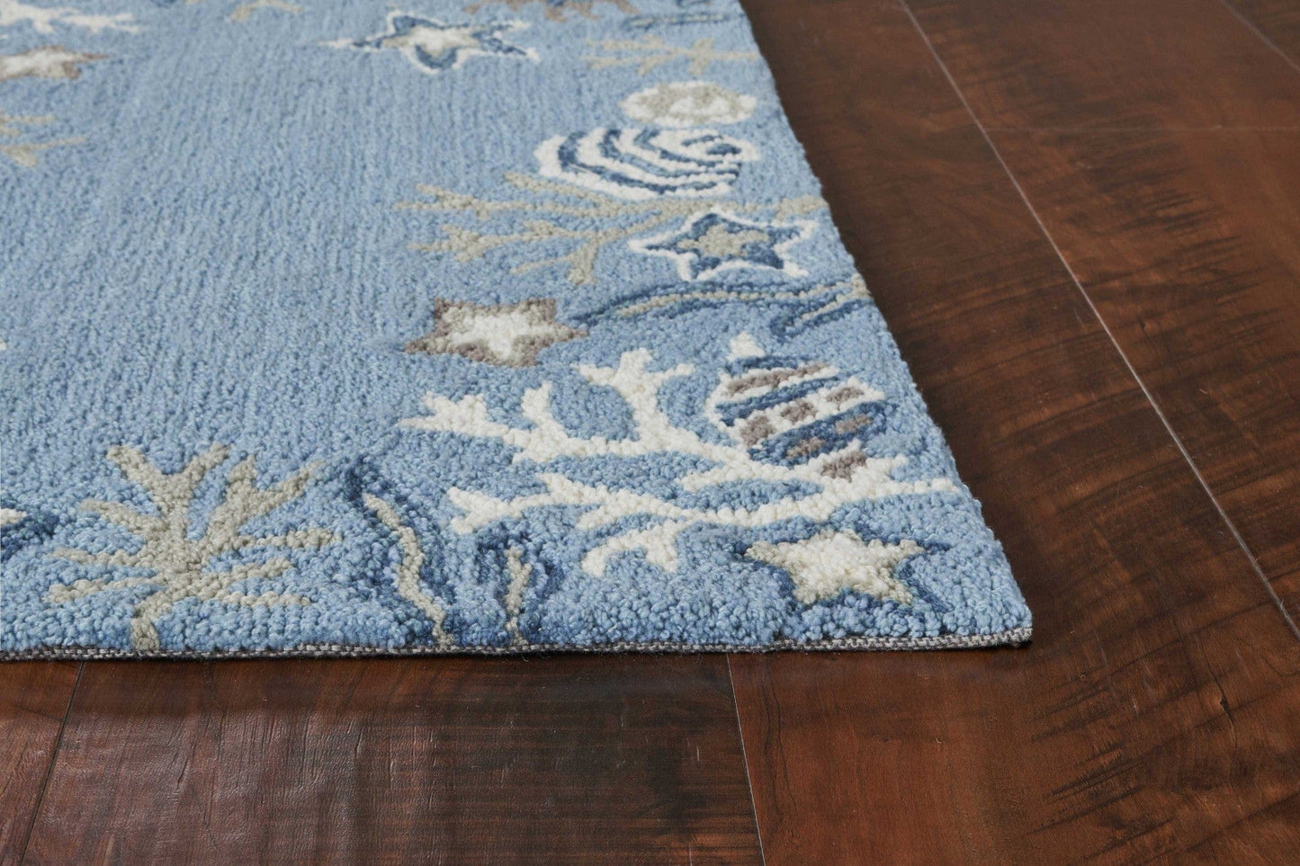 8'X10' Sea Blue Hand Hooked Bordered Coral Reef Indoor Area Rug